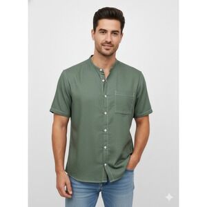 PARIJAN Green Mandarin Collar Button Down Shirt Top Men's XL Short Sleeve NEW